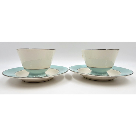 Sevron Powder Blue Lace Tea Coffee Cup Saucer Silver Trim 1950's Set of 2 - Picture 7 of 16